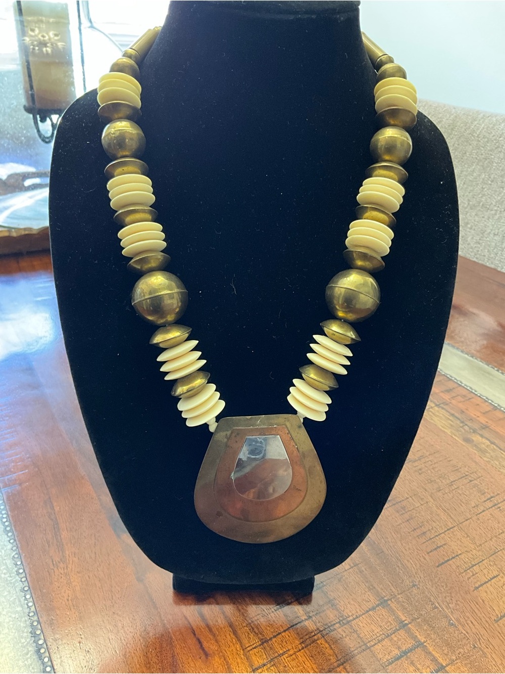 Handcrafted Brass and Cream Bead Statement Necklace